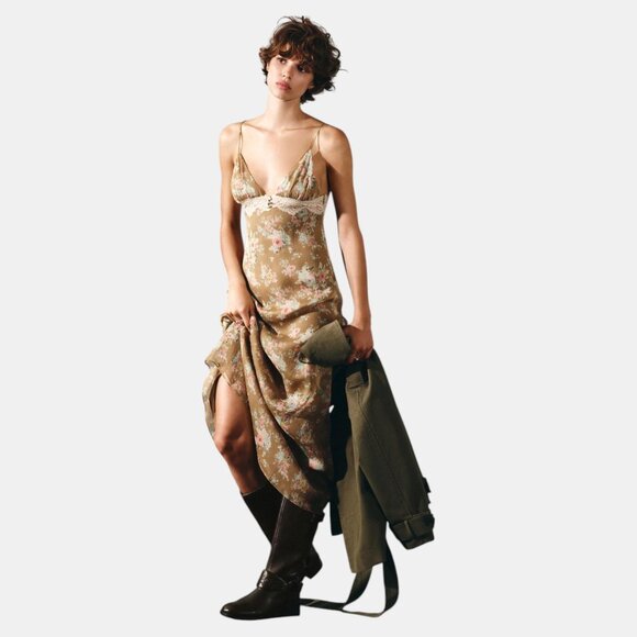 Zara Dresses & Skirts - ZARA FLORAL PRINT LACE MIDI DRESS KHAKI NWT SIZE 2XL